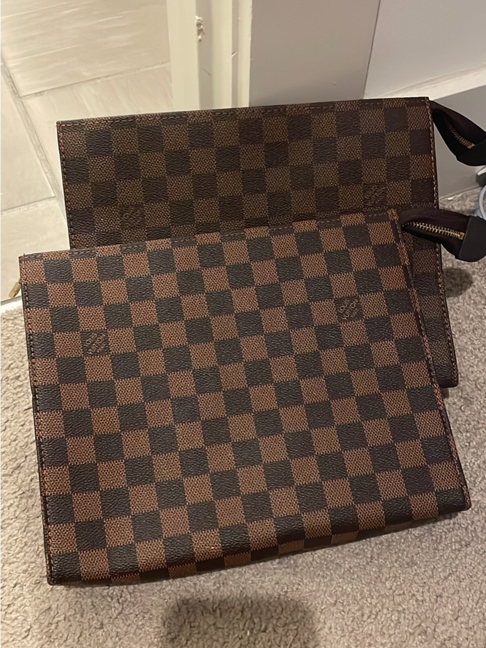 Brown Checkered Zip Pouch - Travel & Organizer